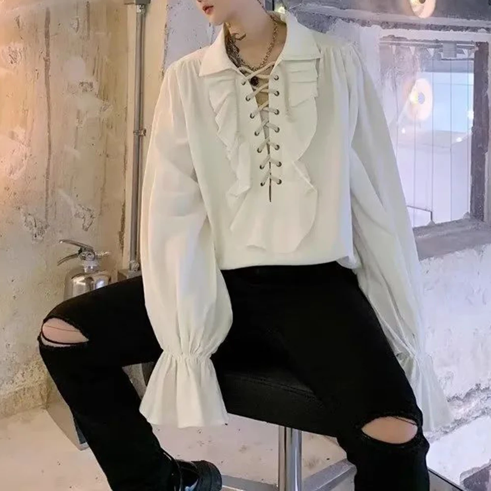 Mens Ruffled Long-Sleeved Shir - Winter Clothing Dress Up 评论和价格